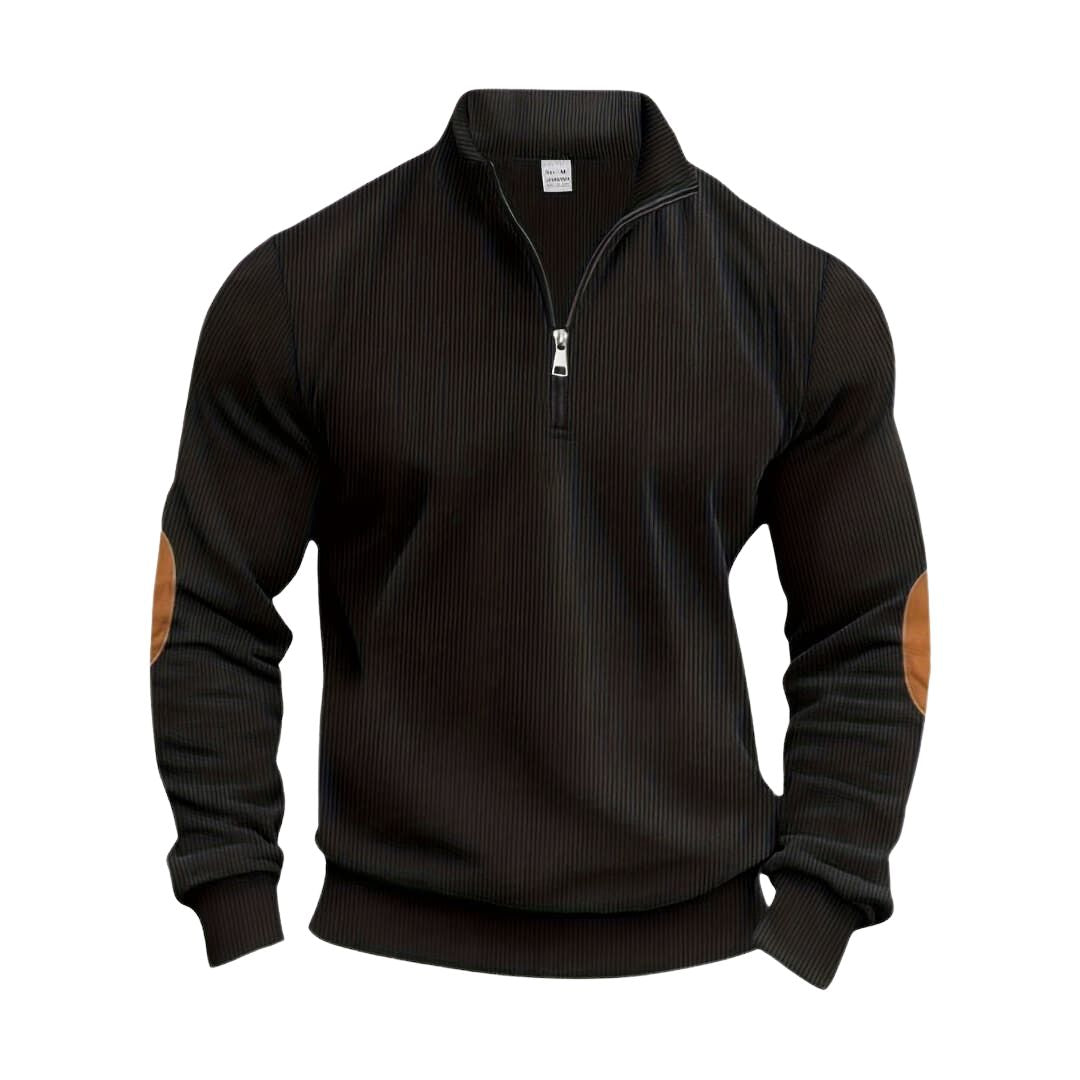 Herrenpullover mit halbem Reißverschluss und kontrastierenden Ellbogenpatches