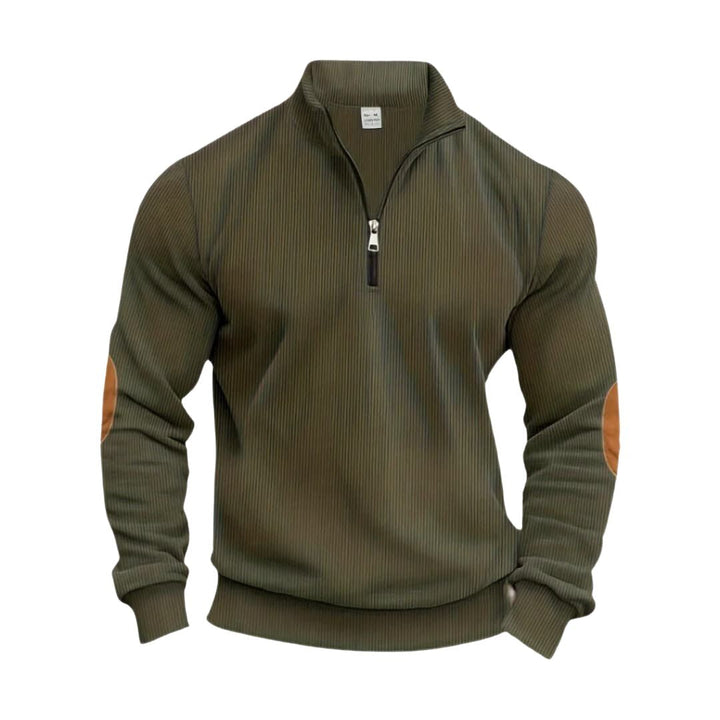 Herrenpullover mit halbem Reißverschluss und kontrastierenden Ellbogenpatches