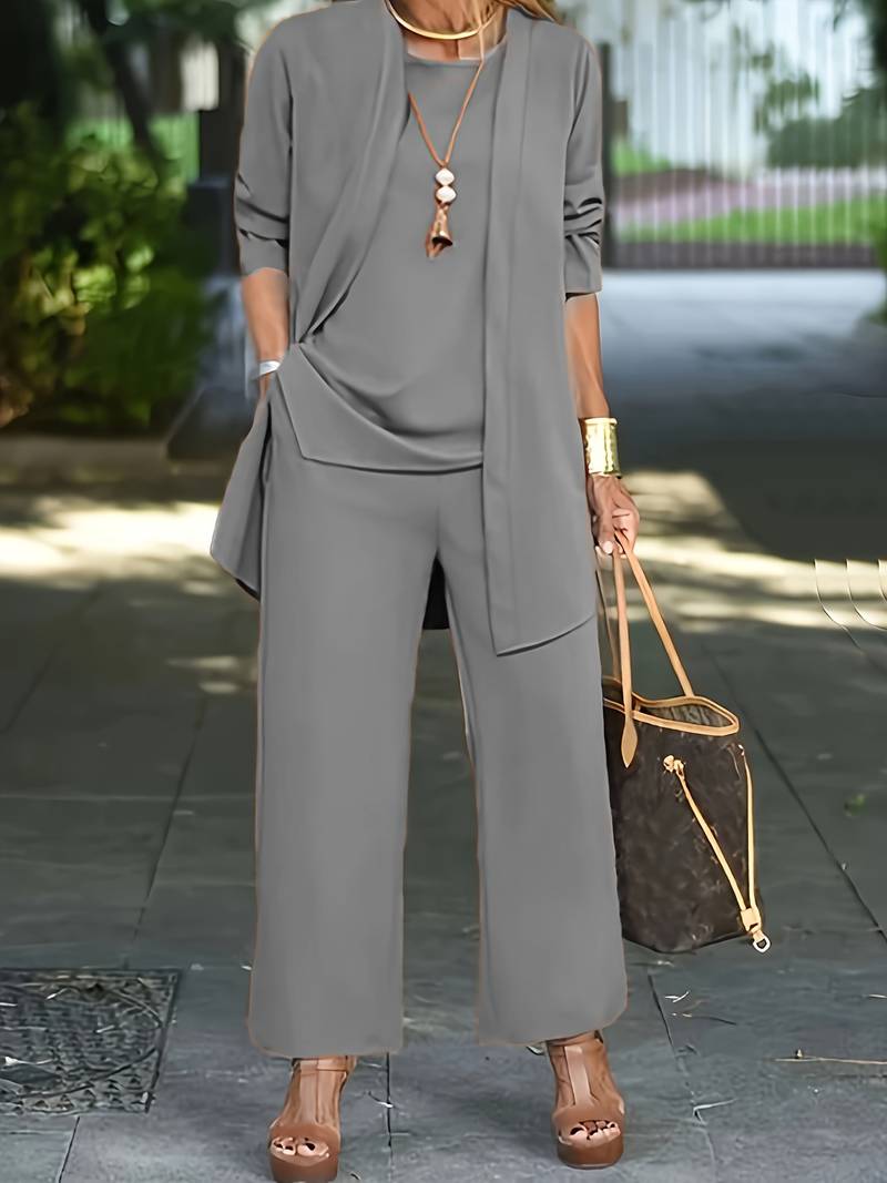 Libby | Women's Elegant Round Neck Three-Piece Wide-Leg Set-Metro Lane Plaza