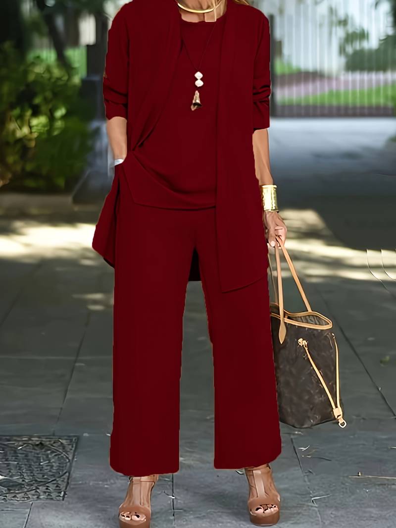 Libby | Women's Elegant Round Neck Three-Piece Wide-Leg Set-Metro Lane Plaza