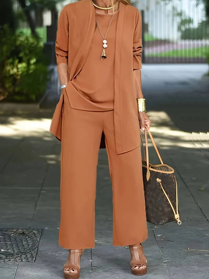 Libby | Women's Elegant Round Neck Three-Piece Wide-Leg Set-Metro Lane Plaza