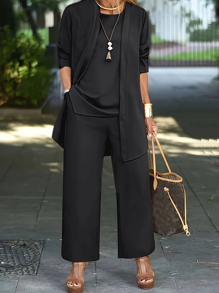Libby | Women's Elegant Round Neck Three-Piece Wide-Leg Set-Metro Lane Plaza