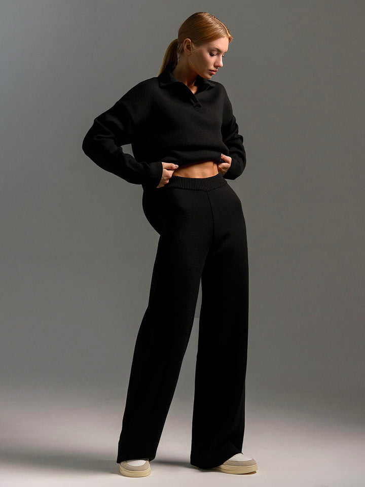 Sophia | Women's Soft and Comfortable Lounge Set with Collar & Wide Pants-Metro Lane Plaza
