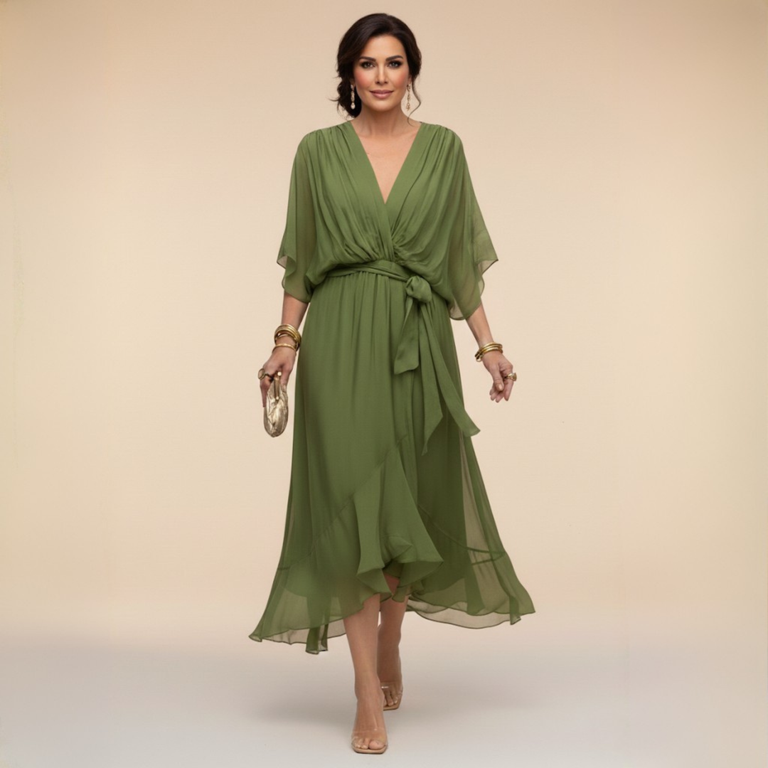 Margaret | Women's Flattering V-Neck Wrap Midi Dress-Metro Lane Plaza