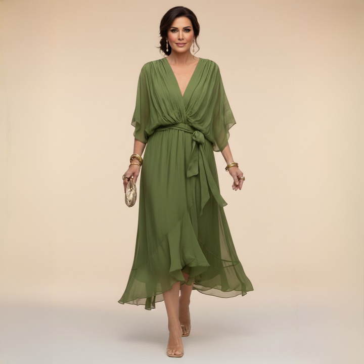 Margaret | Women's Flattering V-Neck Wrap Midi Dress-Metro Lane Plaza