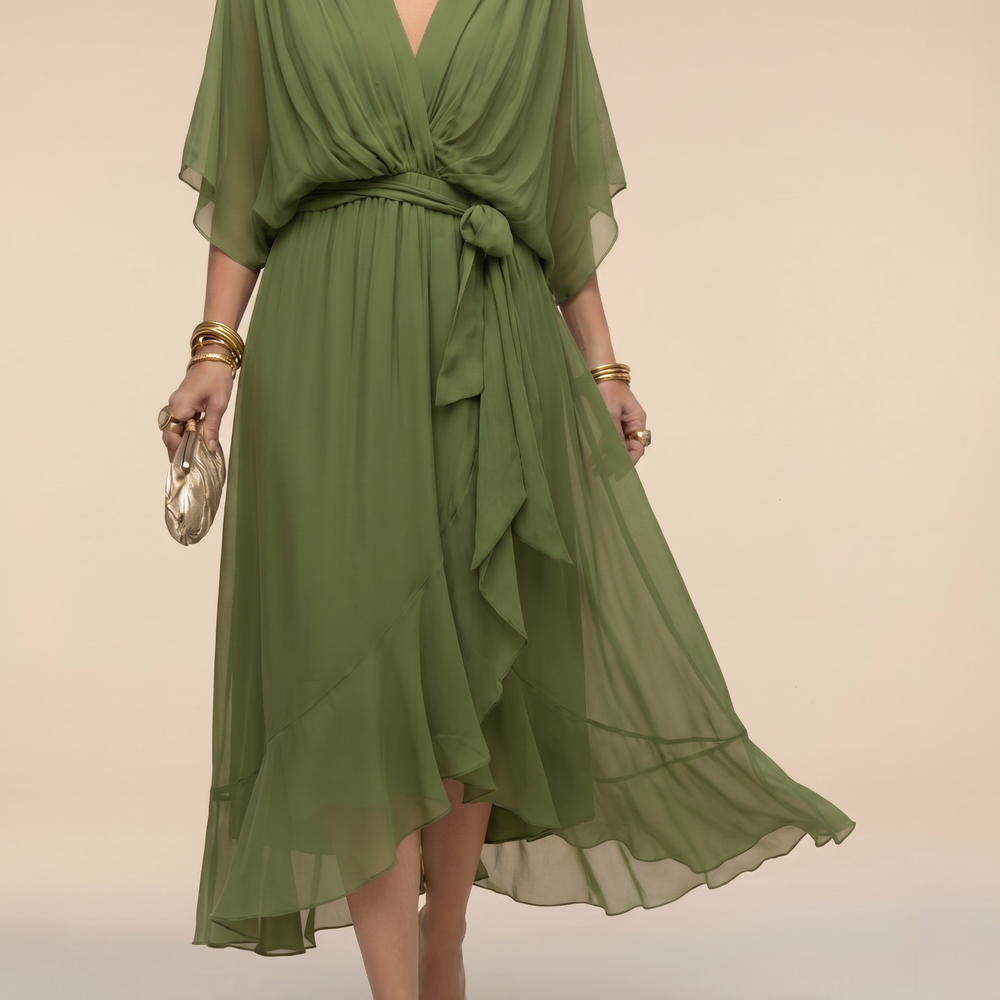 Margaret | Women's Flattering V-Neck Wrap Midi Dress-Metro Lane Plaza