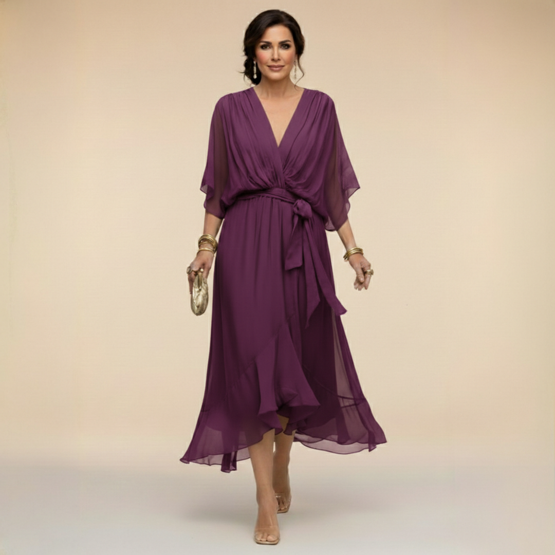 Margaret | Women's Flattering V-Neck Wrap Midi Dress-Metro Lane Plaza