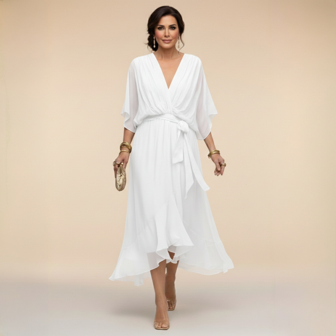 Margaret | Women's Flattering V-Neck Wrap Midi Dress-Metro Lane Plaza