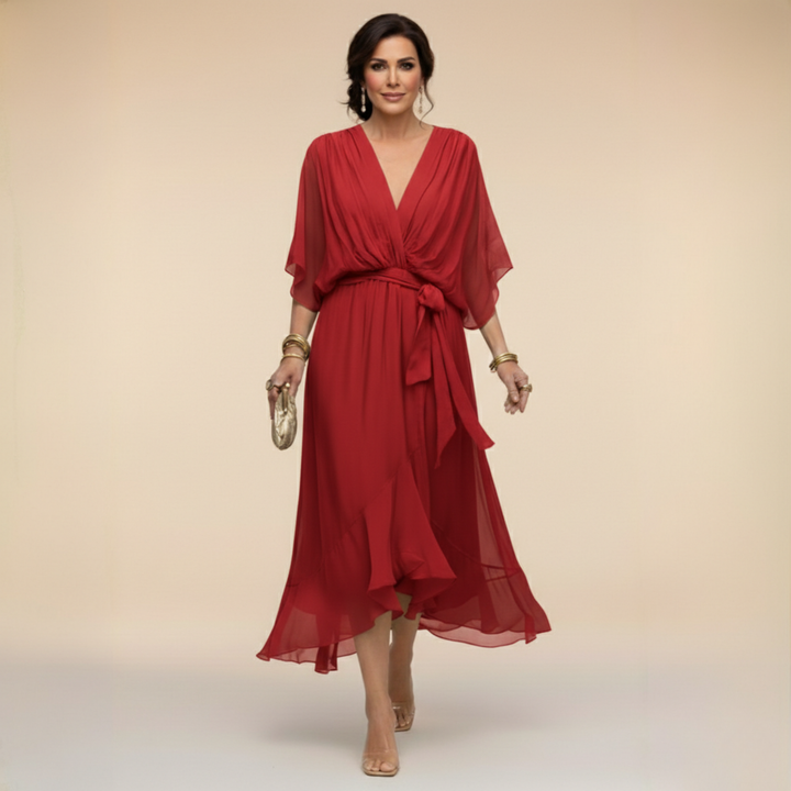 Margaret | Women's Flattering V-Neck Wrap Midi Dress-Metro Lane Plaza