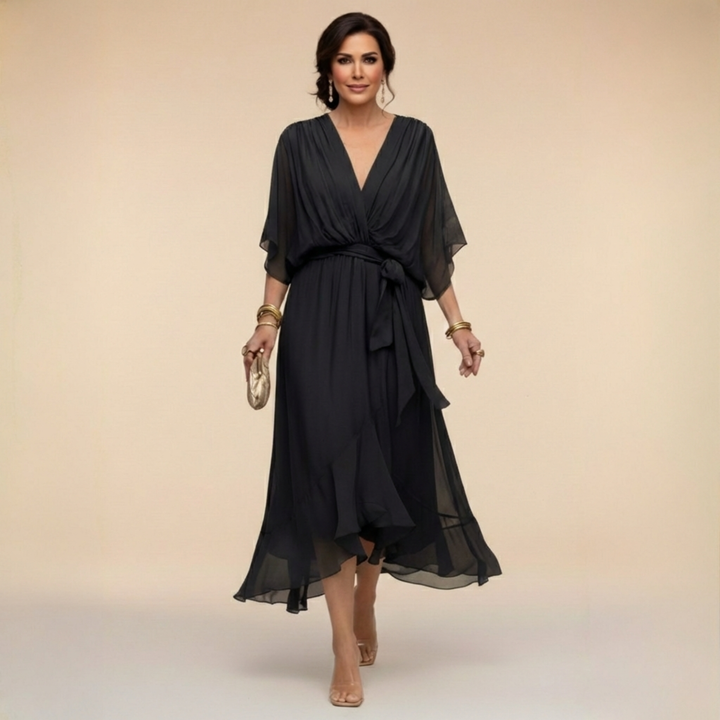 Margaret | Women's Flattering V-Neck Wrap Midi Dress-Metro Lane Plaza