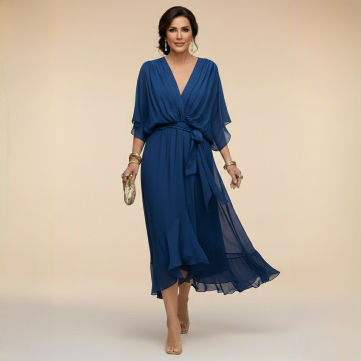 Margaret | Women's Flattering V-Neck Wrap Midi Dress-Metro Lane Plaza