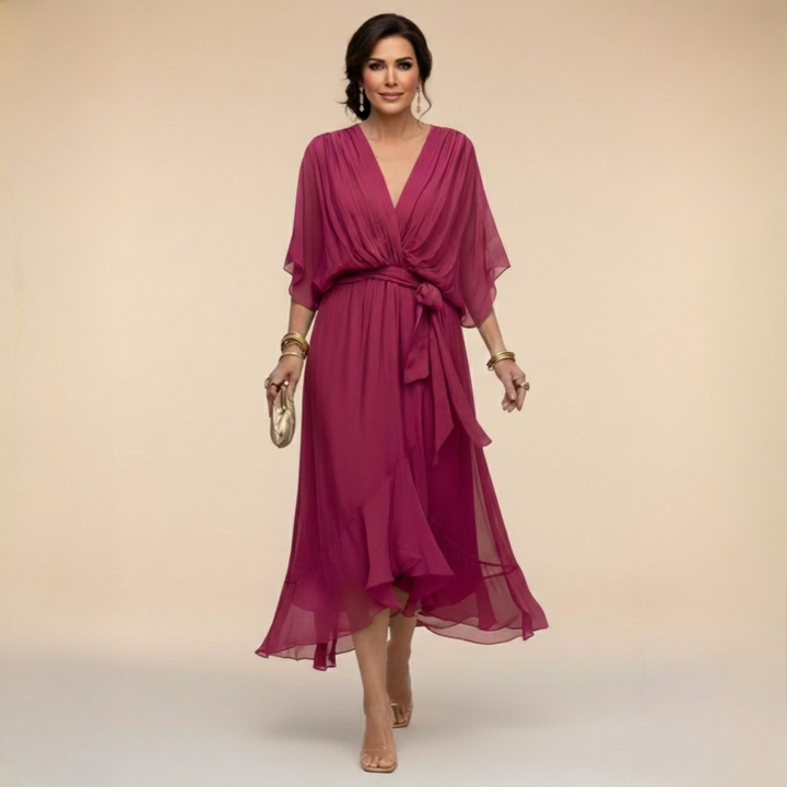 Margaret | Women's Flattering V-Neck Wrap Midi Dress-Metro Lane Plaza