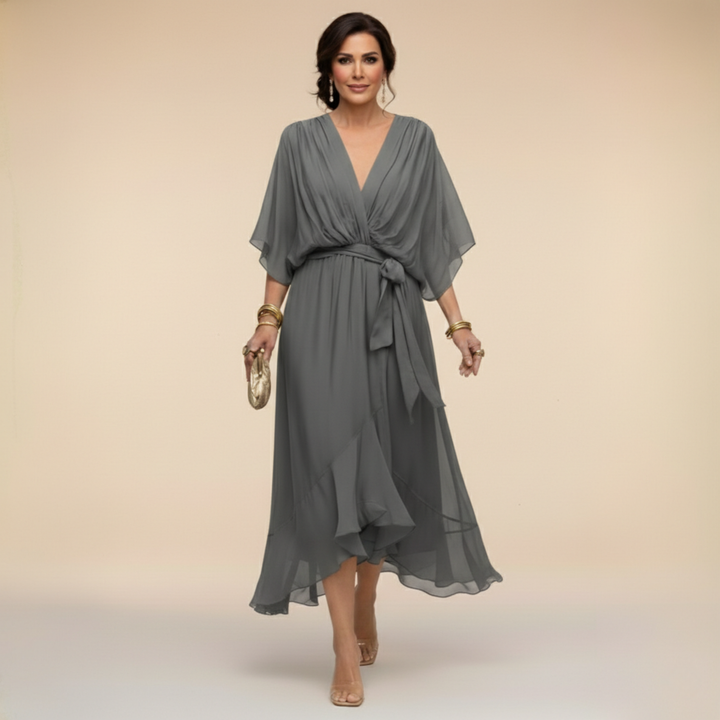 Margaret | Women's Flattering V-Neck Wrap Midi Dress-Metro Lane Plaza