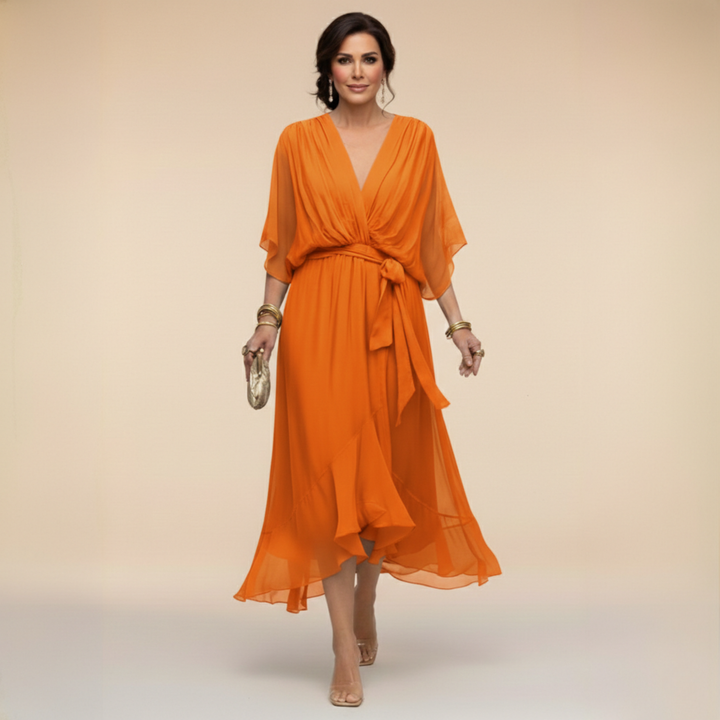 Margaret | Women's Flattering V-Neck Wrap Midi Dress-Metro Lane Plaza