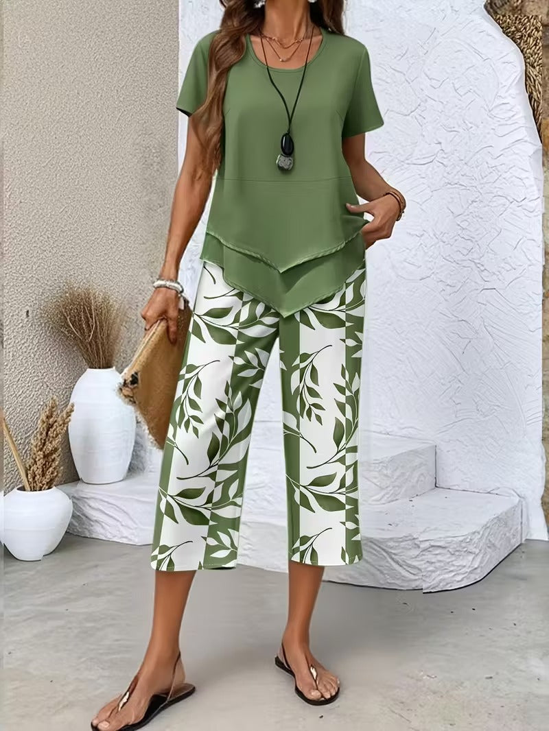 Tamra | Women's Sophisticated Leaf Print Two-Piece Set-Metro Lane Plaza