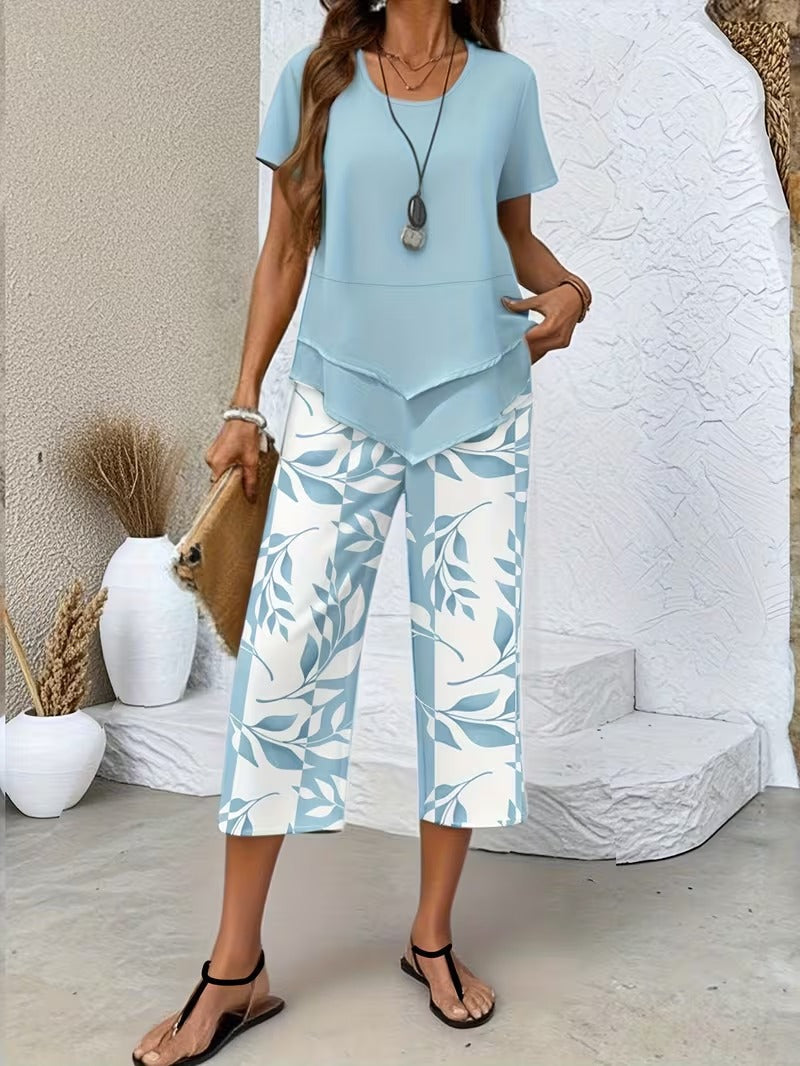 Tamra | Women's Sophisticated Leaf Print Two-Piece Set-Metro Lane Plaza