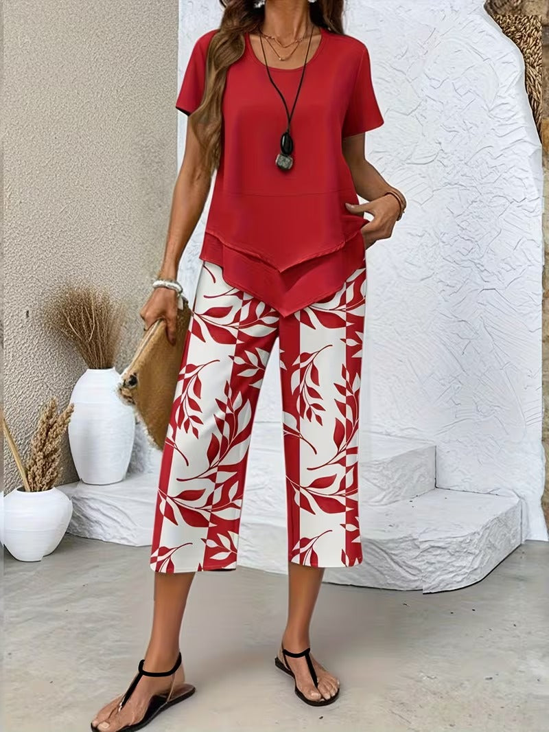 Tamra | Women's Sophisticated Leaf Print Two-Piece Set-Metro Lane Plaza