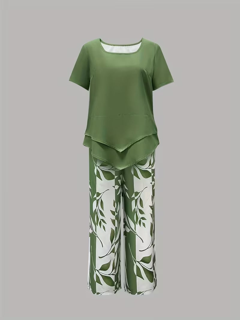 Tamra | Women's Sophisticated Leaf Print Two-Piece Set-Metro Lane Plaza
