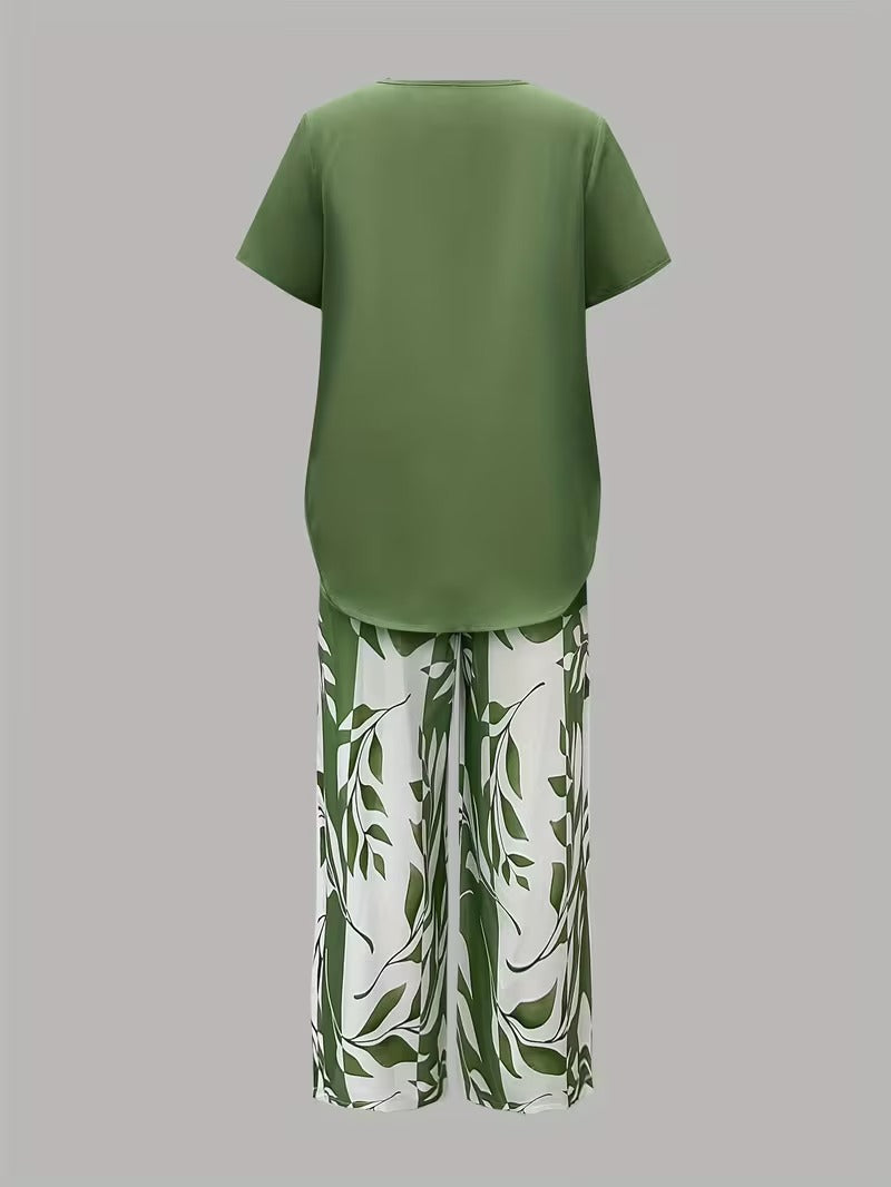Tamra | Women's Sophisticated Leaf Print Two-Piece Set-Metro Lane Plaza