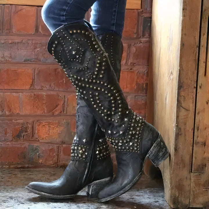 Women's Edgy High Boots – Distressed Faux Leather – Rivet Detail