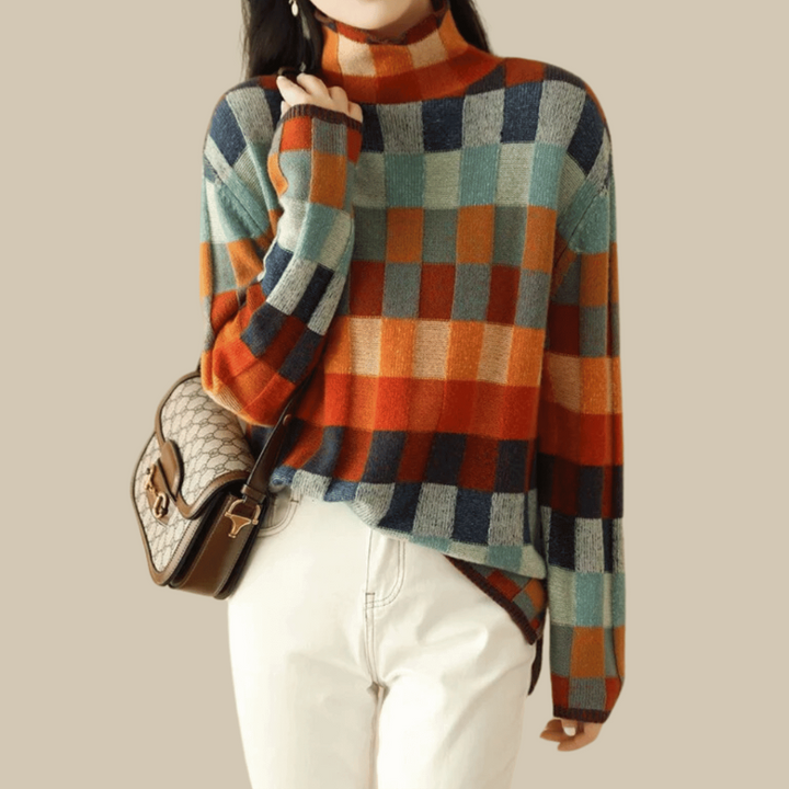 Ravel | Women's Luxury Cashmere Turtleneck Sweater with Patchwork Design-Metro Lane Plaza
