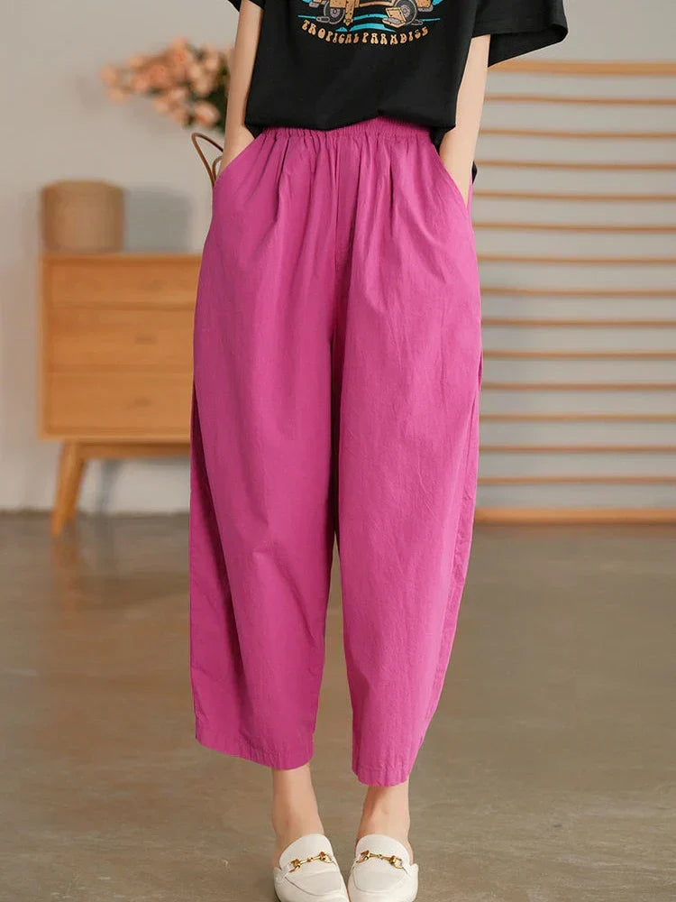 Women's Relaxed High Waist Cropped Trousers with Elastic Waistband