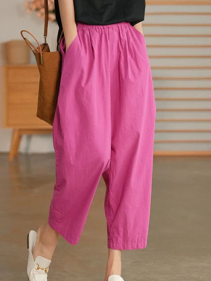 Women's Relaxed High Waist Cropped Trousers with Elastic Waistband