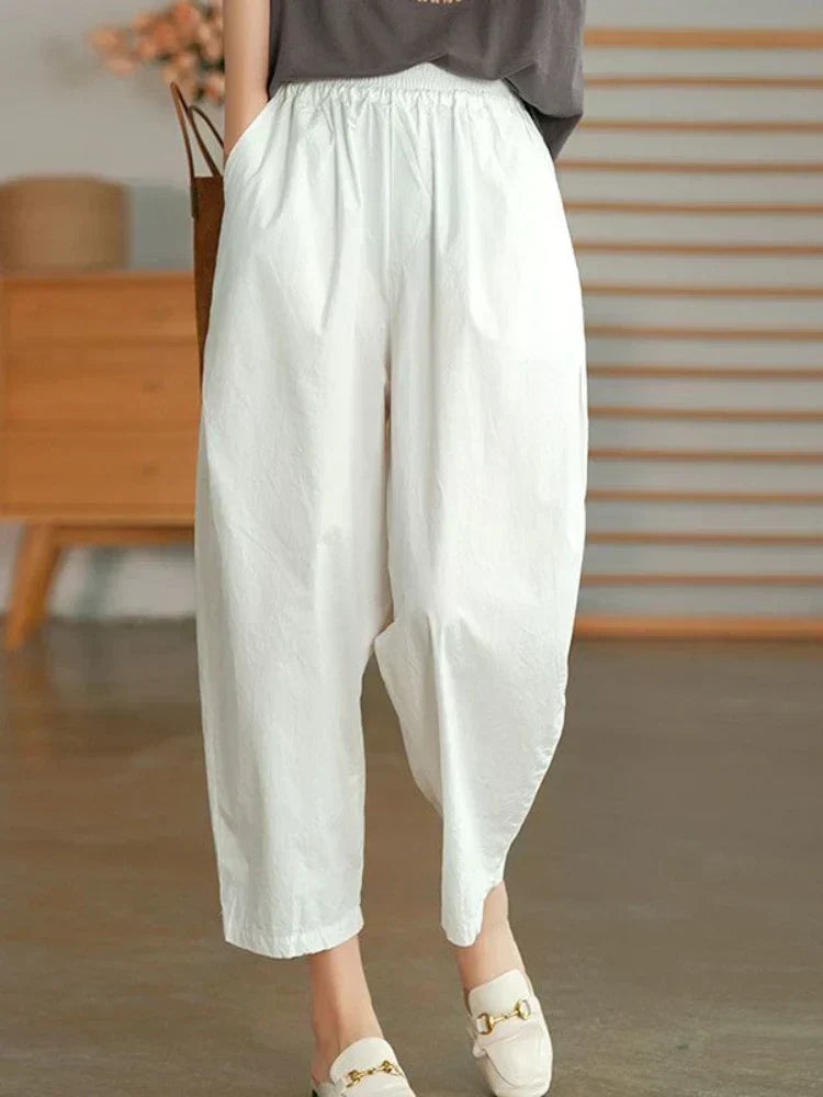 Women's Relaxed High Waist Cropped Trousers with Elastic Waistband
