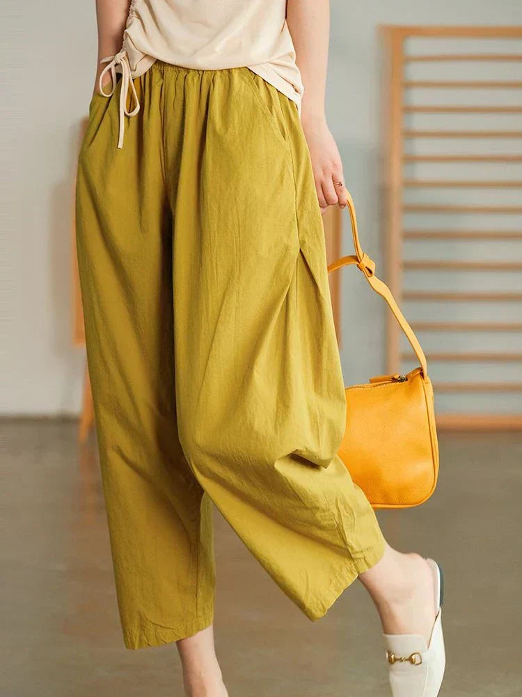 Women's Relaxed High Waist Cropped Trousers with Elastic Waistband