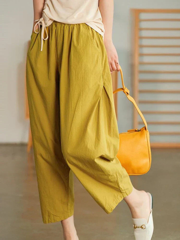 Women's Relaxed High Waist Cropped Trousers with Elastic Waistband