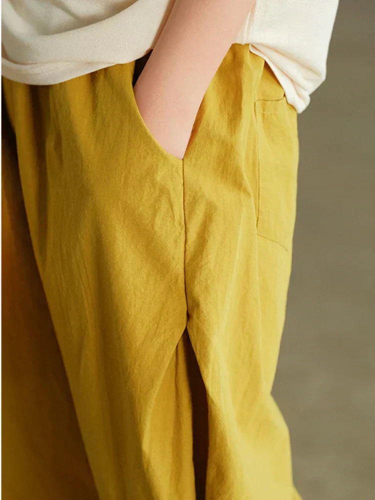 Women's Relaxed High Waist Cropped Trousers with Elastic Waistband