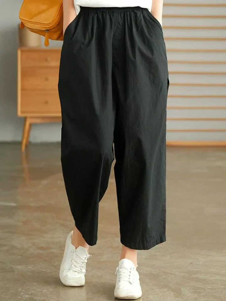 Women's Relaxed High Waist Cropped Trousers with Elastic Waistband