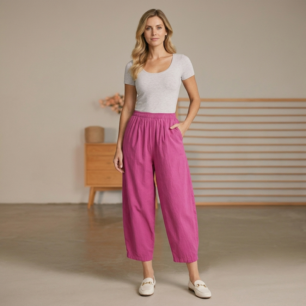 Women's Relaxed High Waist Cropped Trousers with Elastic Waistband
