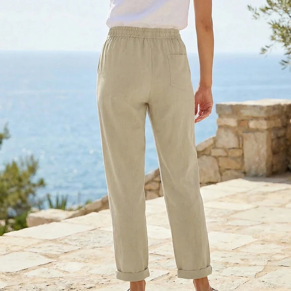 Pantaloni da donna in lino dal taglio morbido con vita elasticizzata e coulisse