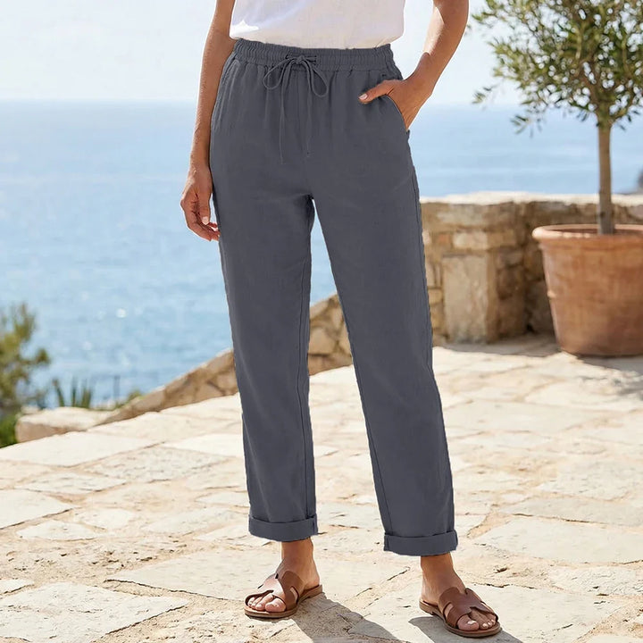 Pantaloni da donna in lino dal taglio morbido con vita elasticizzata e coulisse