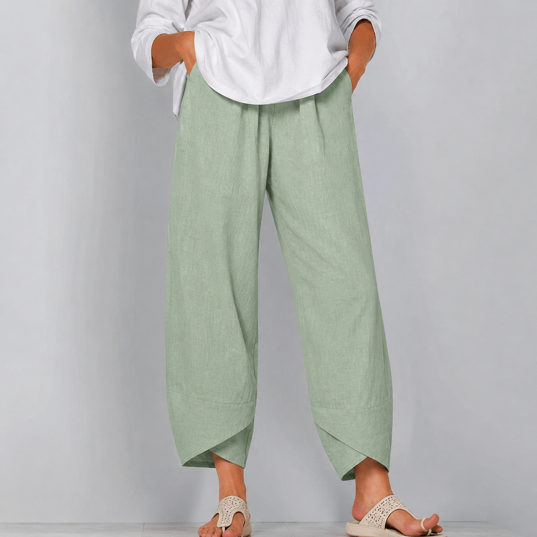 Lockere Leinenhose für Damen mit weitem Bein und asymmetrischem Saum