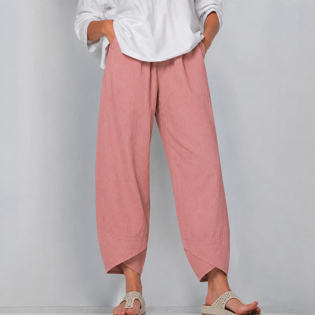 Lockere Leinenhose für Damen mit weitem Bein und asymmetrischem Saum