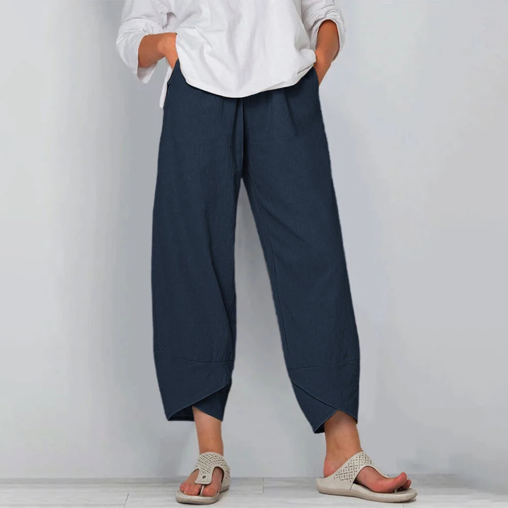 Lockere Leinenhose für Damen mit weitem Bein und asymmetrischem Saum
