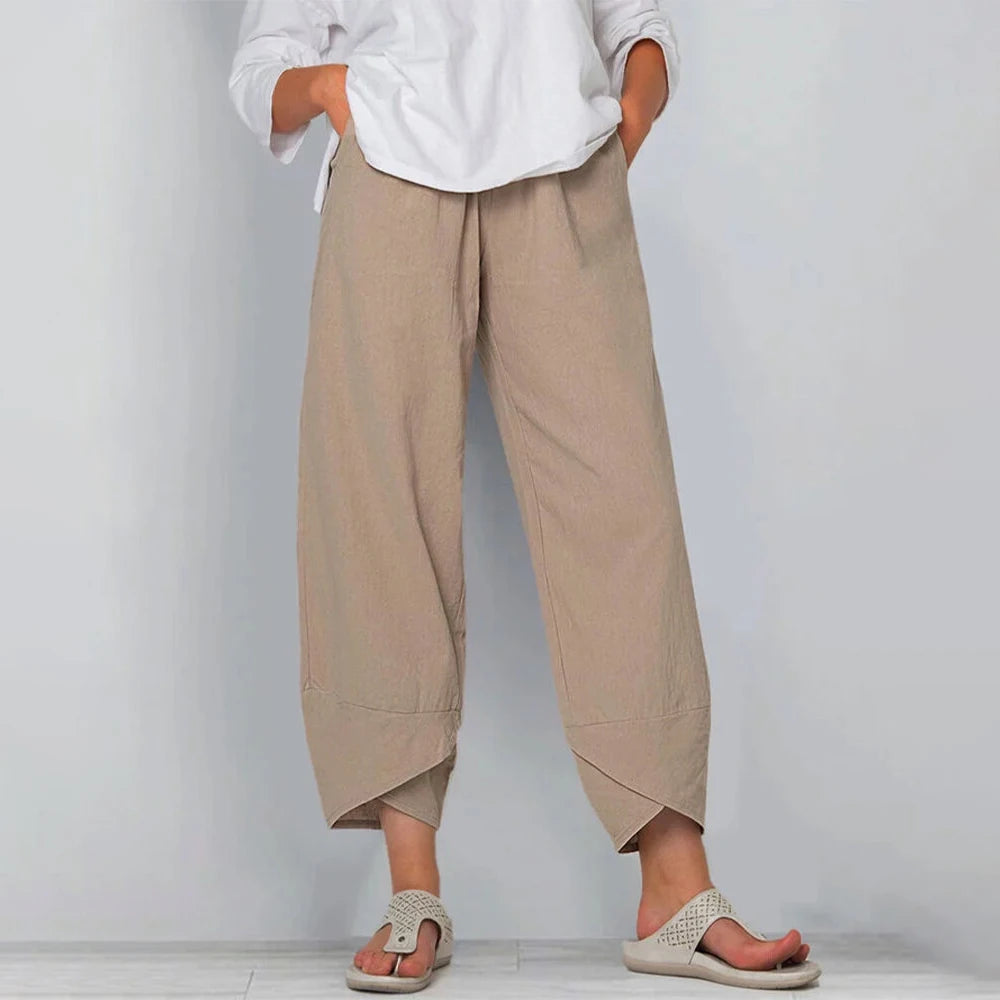 Lockere Leinenhose für Damen mit weitem Bein und asymmetrischem Saum