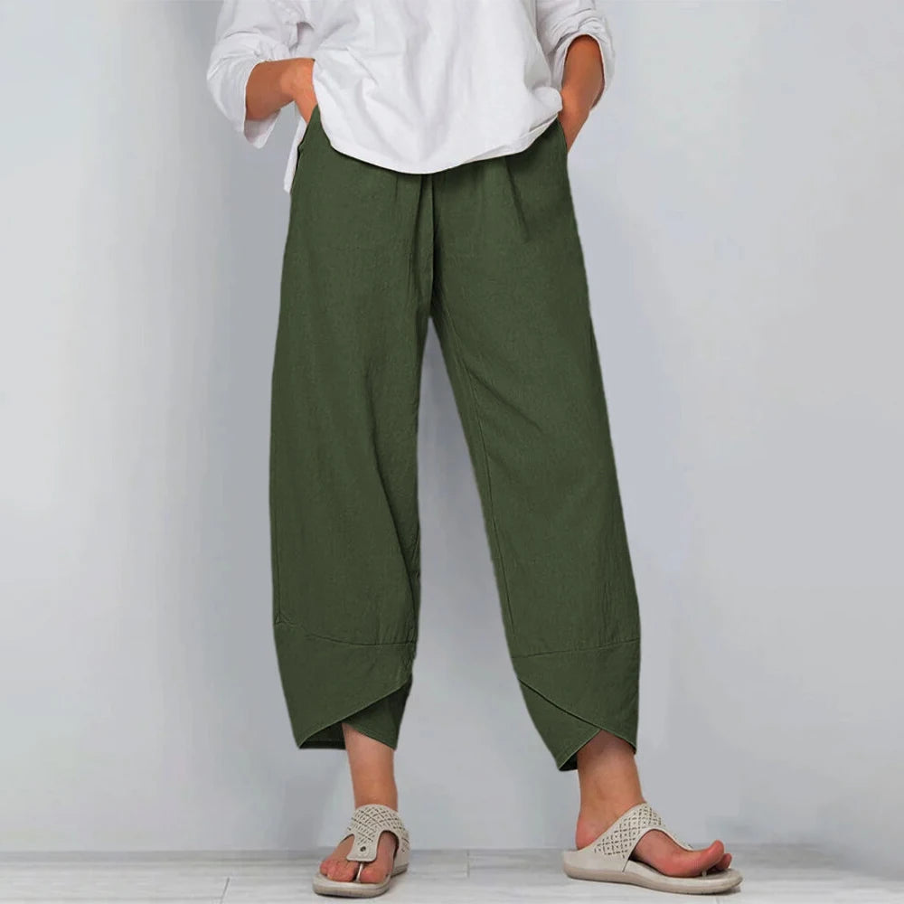 Lockere Leinenhose für Damen mit weitem Bein und asymmetrischem Saum