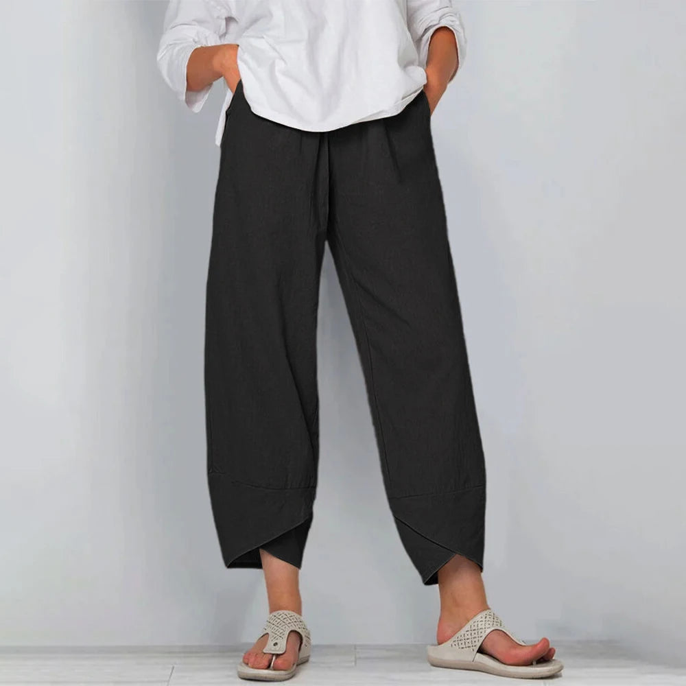 Lockere Leinenhose für Damen mit weitem Bein und asymmetrischem Saum