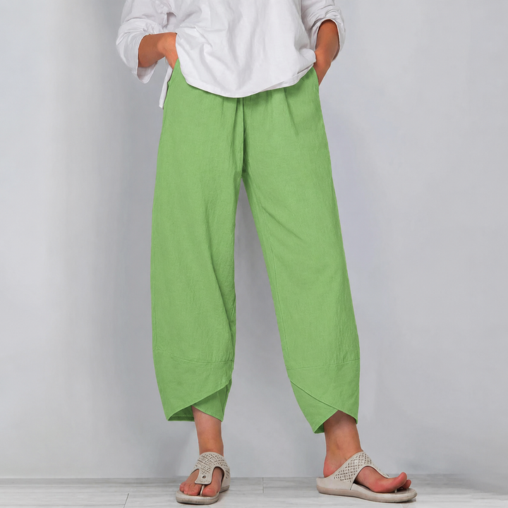 Lockere Leinenhose für Damen mit weitem Bein und asymmetrischem Saum