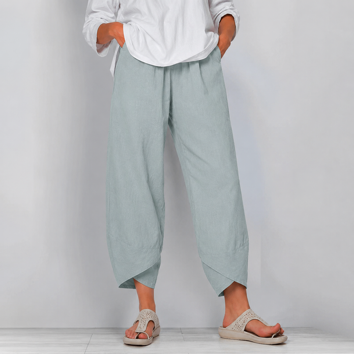 Lockere Leinenhose für Damen mit weitem Bein und asymmetrischem Saum