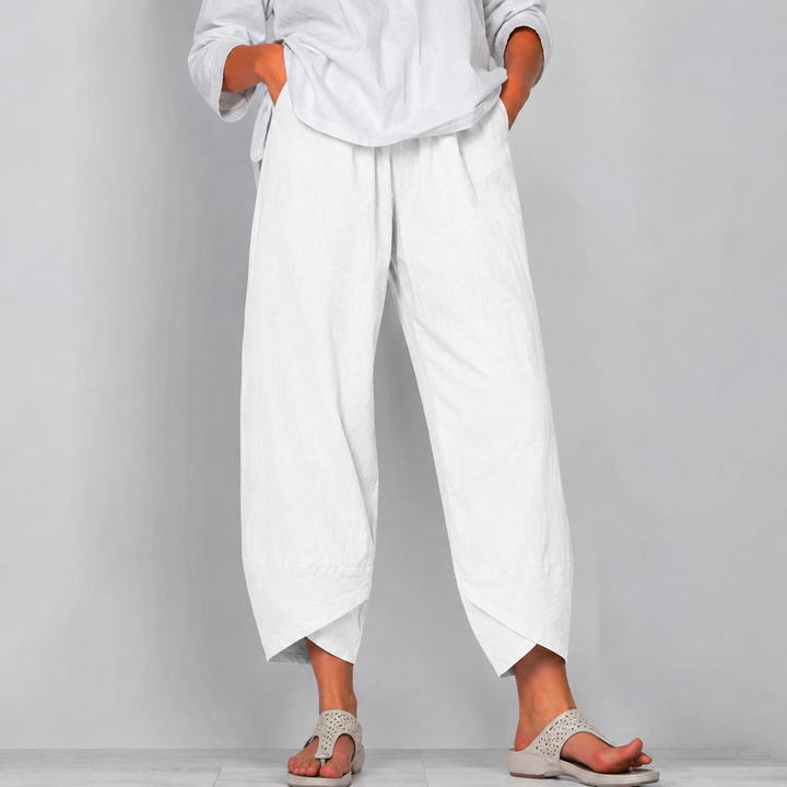 Lockere Leinenhose für Damen mit weitem Bein und asymmetrischem Saum