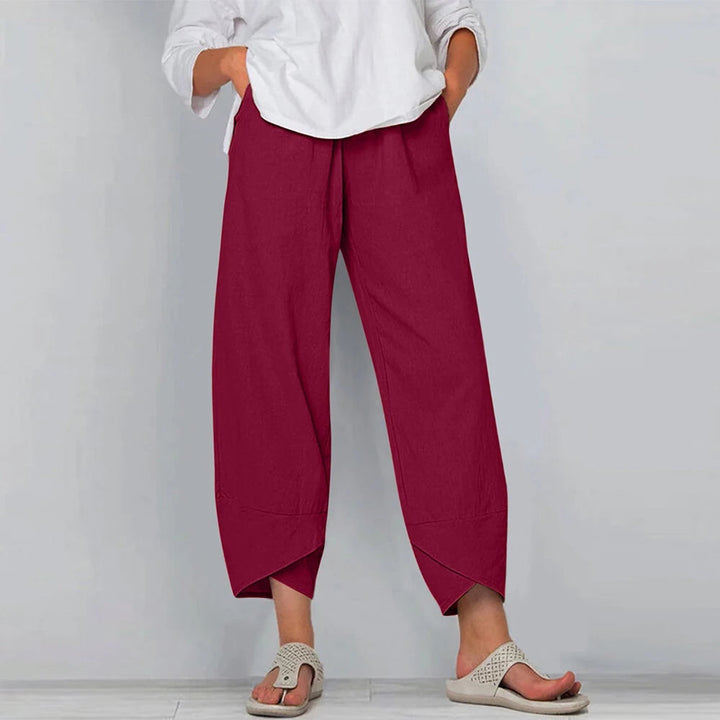 Lockere Leinenhose für Damen mit weitem Bein und asymmetrischem Saum