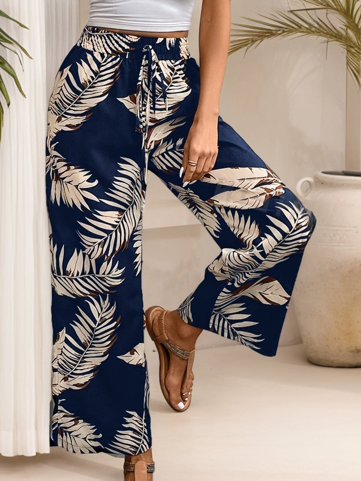 Pantalon large décontracté pour femme à imprimé tropical et cordon de serrage