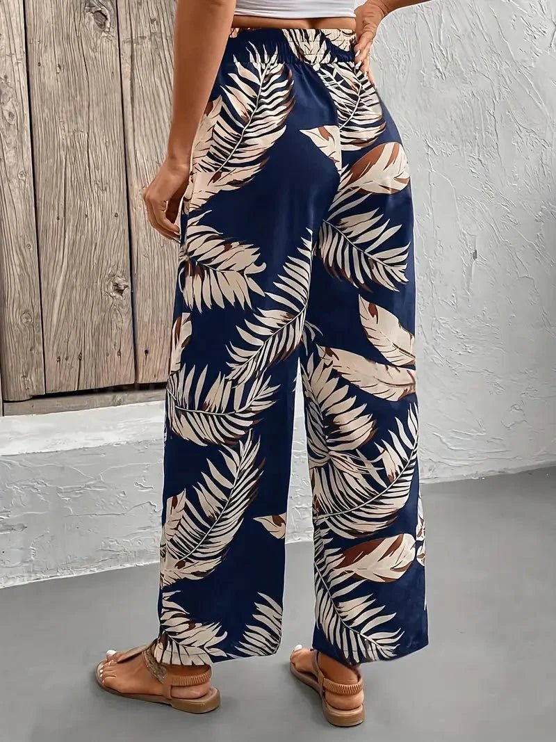 Pantalon large décontracté pour femme à imprimé tropical et cordon de serrage
