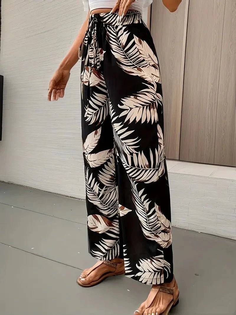 Pantalon large décontracté pour femme à imprimé tropical et cordon de serrage