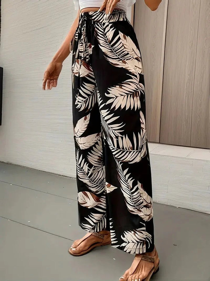 Pantalon large décontracté pour femme à imprimé tropical et cordon de serrage