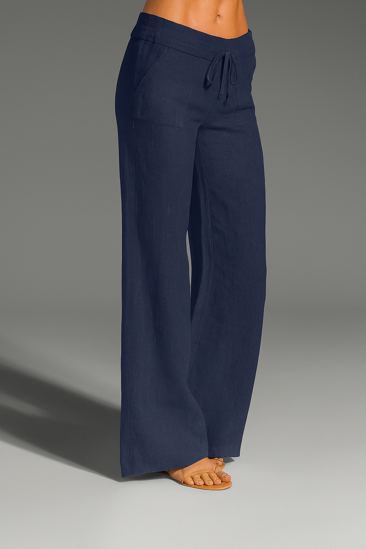 Pantalones de lino de pierna ancha y corte relajado para mujer con cintura ajustable